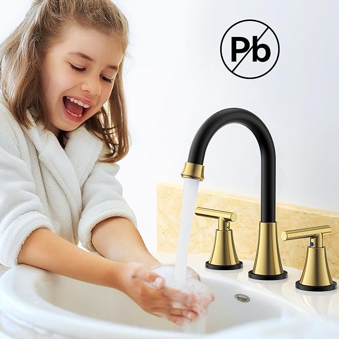 Bathroom Faucets for Sink 3 Hole, Hurran Black& Gold Bathroom Sink Faucet - Image 7