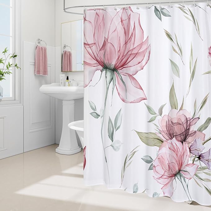 Pink and Grey Boho Watercolor Floral Shower Curtain, Ink Painting Style Blossom - Image 2