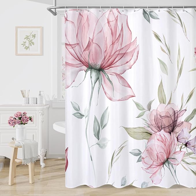Pink and Grey Boho Watercolor Floral Shower Curtain, Ink Painting Style Blossom by Decorateyourhome