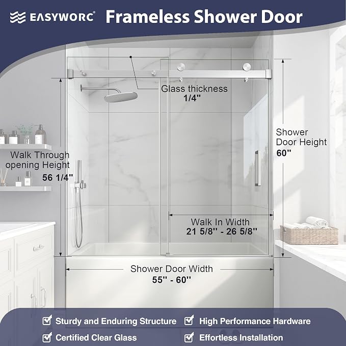 Frameless Bathtub Shower Door, 55-60" W x 60" H Sliding Tub Shower Door - Image 4