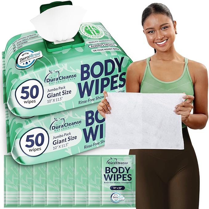 Body Wipes for Women, Extra Moist No Rinse Bathing Wipes, 100 XL Shower Cloths by DuraCleanse