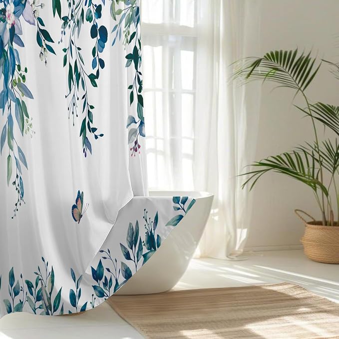 No Hook Shower Curtain and Liner Set, Dark Blue Eucalyptus Floral Shower - Image 2
