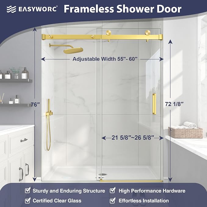 Frameless Shower Door, 55-60" W x 76" H Sliding Glass Shower Door, 1/4'' SGCC - Image 5