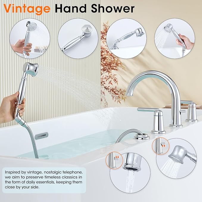 Roman Tub Faucet with Sprayer, Bath Tub Faucet Set with Valve Brass 4 Hole 2 - Image 5