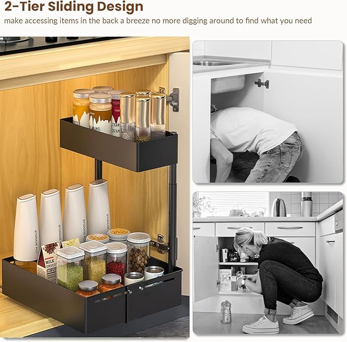 Under Sink Organiser, 2 Tier Pull Out Cabinet Organiser, Height Adjustable Out - Image 5