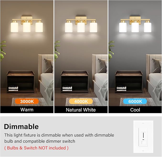 Gold Bathroom Light Fixtures, 3-Light Modern Vanity Light Over Mirror, Wall - Image 5