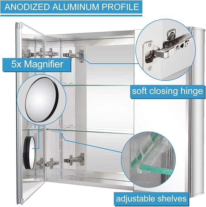 Fundin Bathroom Mirror Medicine Cabinet Aluminum Storage Cabinet 30 x 26 inch - Image 4