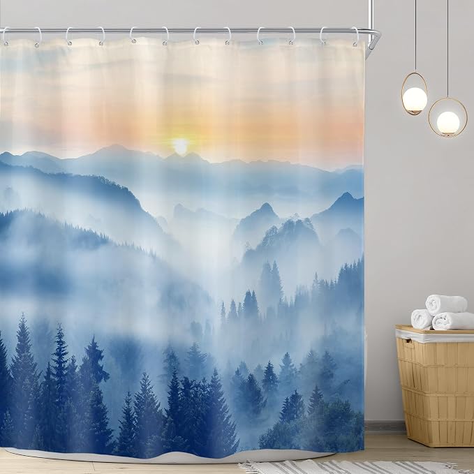 Riyidecor Misty Mountain Shower Curtain 72Wx72H Inch Blue Sunrise Scenery Foggy - Image 2