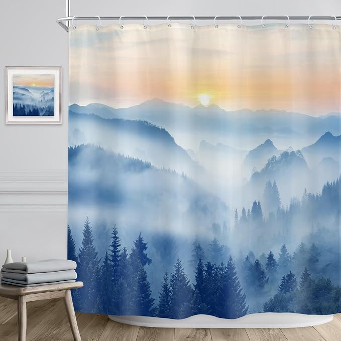 Riyidecor Misty Mountain Shower Curtain 72Wx72H Inch Blue Sunrise Scenery Foggy - Image 3