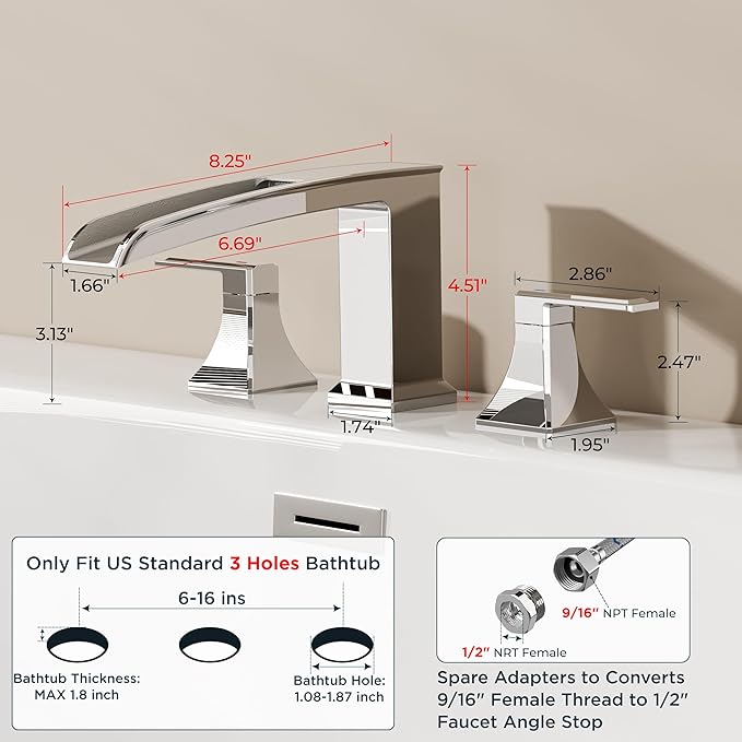 FORIOUS Waterfall Bathtub Faucet Set 3 Hole Chrome, 2 Handle Deck Mount Roman - Image 2