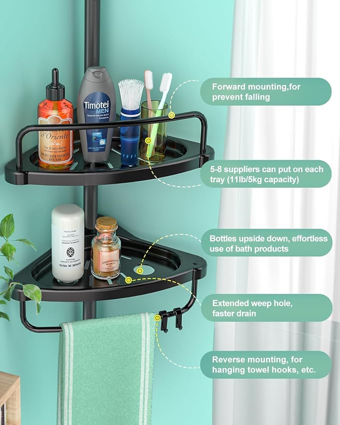 ADOVEL 4 Layer Corner Shower Caddy, Stainless Steel ​Constant Tension Pole - Image 4