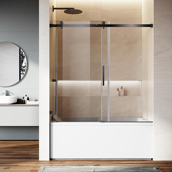 Frameless Sliding Bathtub Door, Matte Black Finish - Image 9