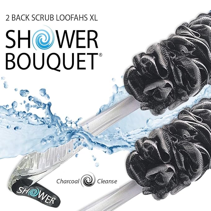 SHOWER BOUQUET Loofah-Charcoal Back-Scrubber 2-Pack // Long-Handle Bath-Sponge - Image 4