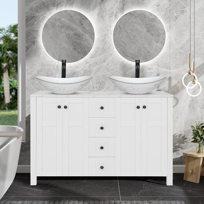 48" White Bathroom Vanity with Marble Texture Top and 4 Drawers, Modern by Solidee