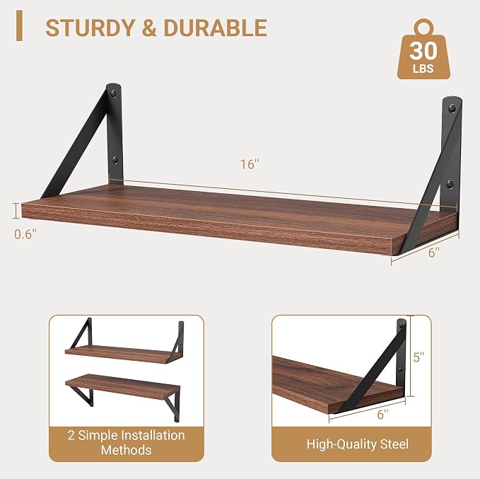 Heimlove Floating Shelves for Wall, 16 Inch Long Wood Floating Shelves Set of 3 - Image 3
