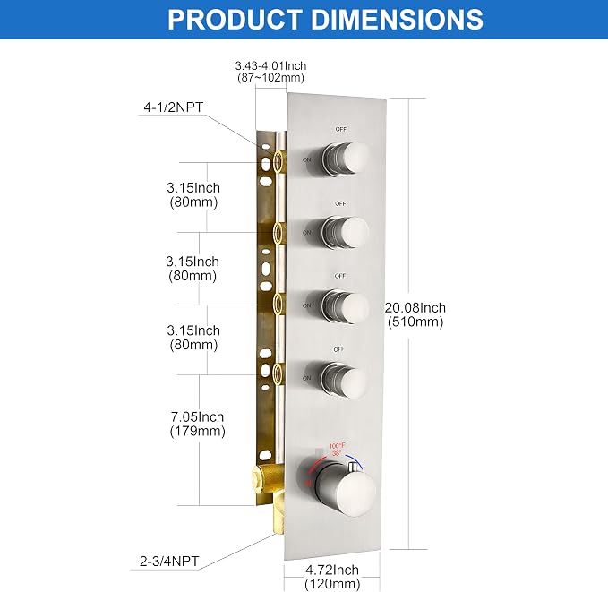 Brass Brushed-Nickel 4-Way Thermostatic Shower Diverter Valve - Image 2