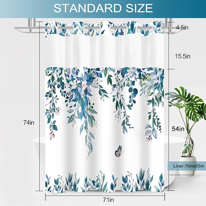 No Hook Shower Curtain and Liner Set, Dark Blue Eucalyptus Floral Shower - Image 6