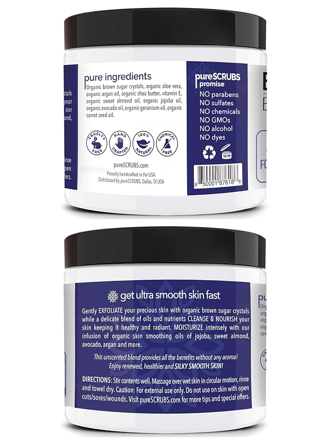 pureSCRUBS Premium Unscented Brown Sugar Body Scrub | Large 16oz Jar | Face - Image 2
