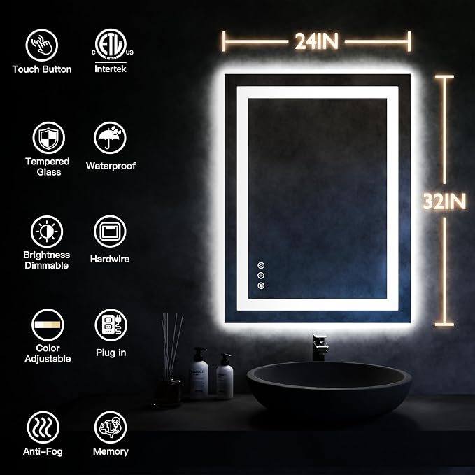 ISKM 32'' x 24'' LED Mirror for Bathroom Lighted Vanity Mirror for Wall Front - Image 7