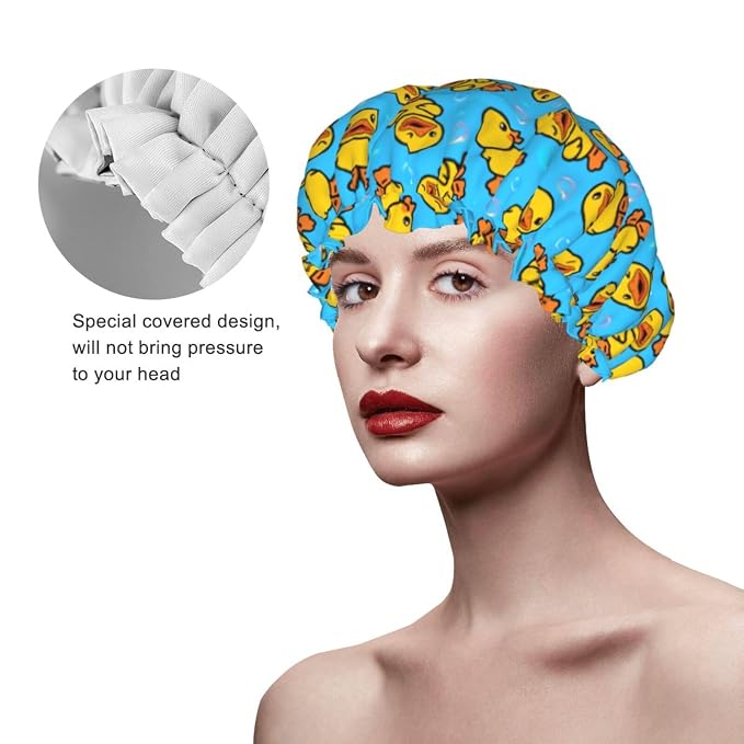 Yellow Rubber Duck Shower Cap For Women Adjustable Double Waterproof Layers - Image 5