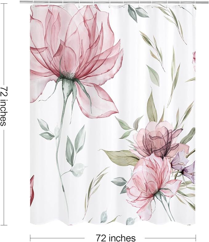 Pink and Grey Boho Watercolor Floral Shower Curtain, Ink Painting Style Blossom - Image 6