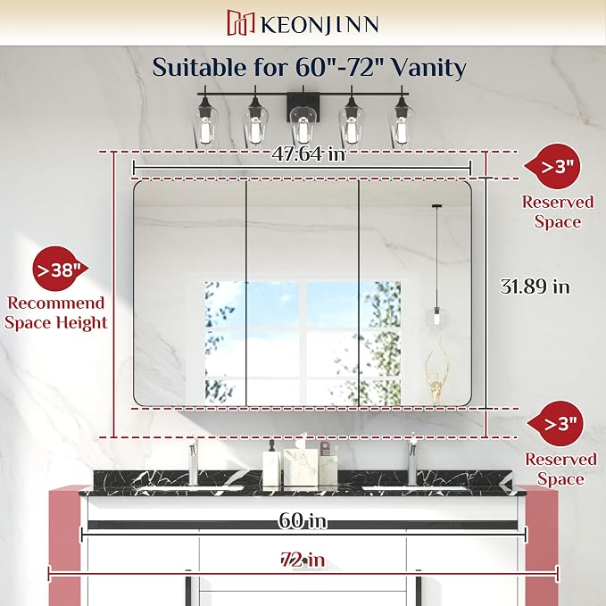 Keonjinn 48 x 32 Inch Large Black Medicine Cabinets, Recessed Bathroom Medicine - Image 3
