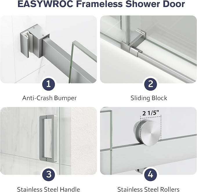 Frameless Bathtub Shower Door, 55-60" W x 60" H Sliding Tub Shower Door - Image 7