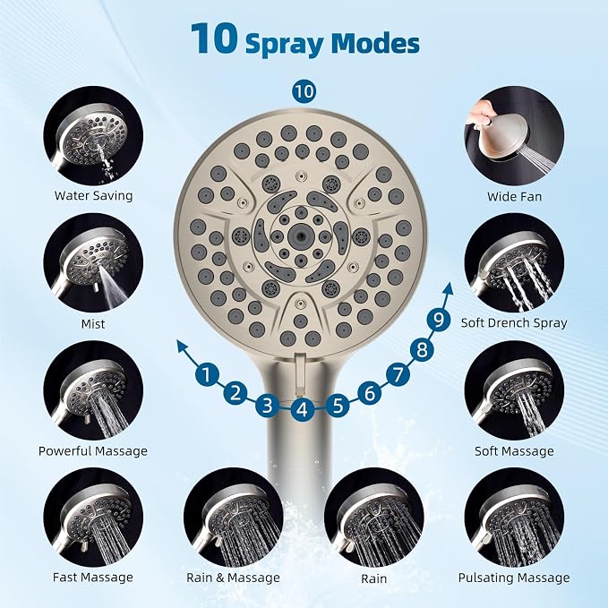 Hibbent All Metal Shower Head, 10 Sprays, Showerhead Holder, Brushed Nickel - Image 5