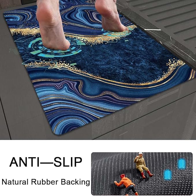 Bath Mat Rug, Dark Blue Gold marbleNon Slip Quick Dry Super Absorbent Thin - Image 5