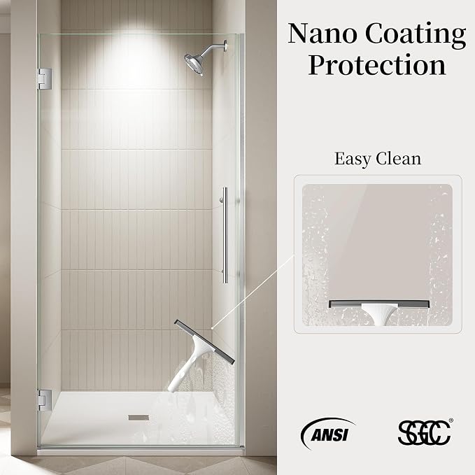 33.6-33.8" x 72" Frameless Hinged Shower Door, Single Swing Shower Panel - Image 3