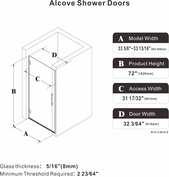 33.6-33.8" x 72" Frameless Hinged Shower Door, Single Swing Shower Panel - Image 8