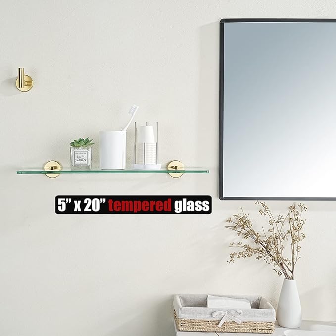 JQK Bathroom Glass Shelf Gold, Tempered Glass Shower Storage 20 by 5 inches - Image 2
