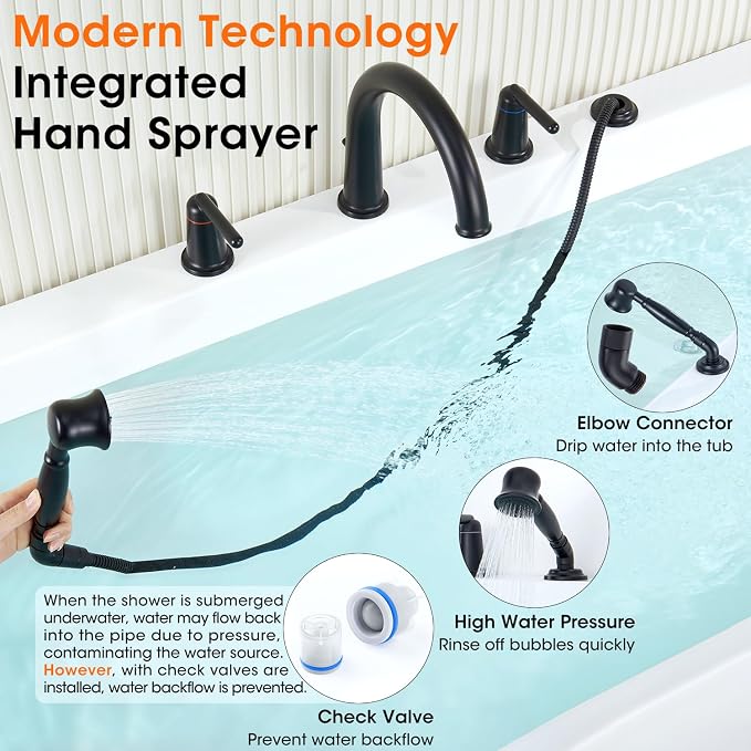 Bathtub Faucet Trim Kit with Hand Shower and Rough-in Valve Deck Mount 4 Hole - Image 6