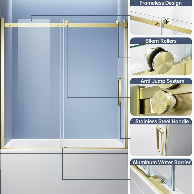 Bathtub Shower Door, 56-60" W x 60" H Frameless Single Sliding Tub Shower Door - Image 4