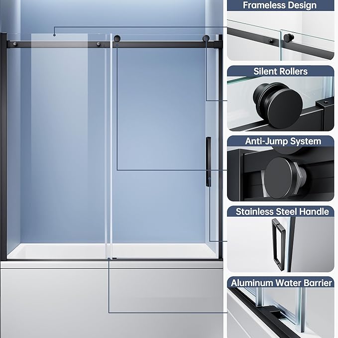 Bathtub Shower Door, 56-60" W x 60" H Frameless Single Sliding Tub Shower Door - Image 4
