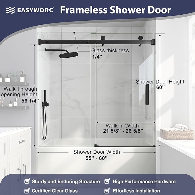Frameless Bathtub Shower Door, 55-60" W x 60" H Sliding Tub Shower Door - Image 4