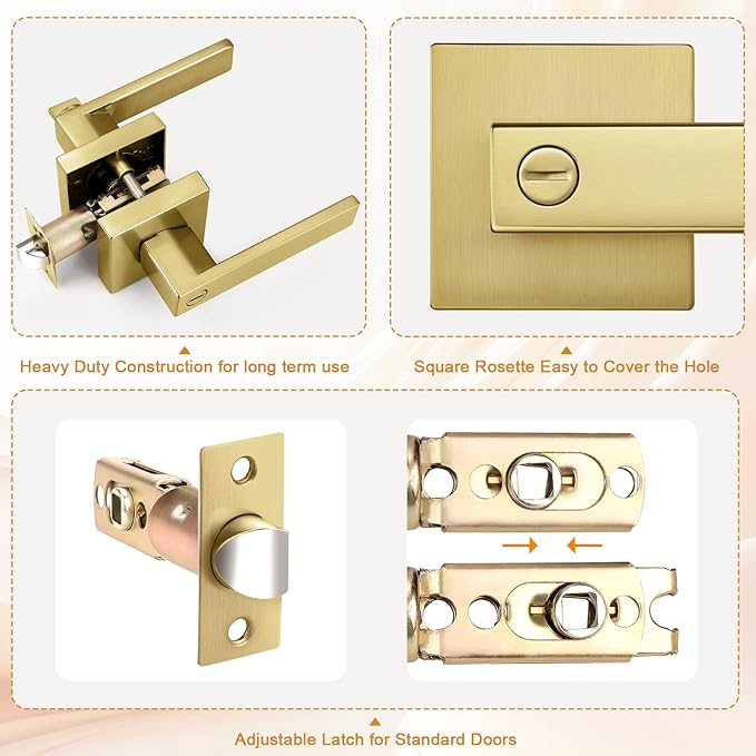 Probrico Interior Flat Square Gold Privacy Door Handle, Heavy Duty Keyless - Image 6
