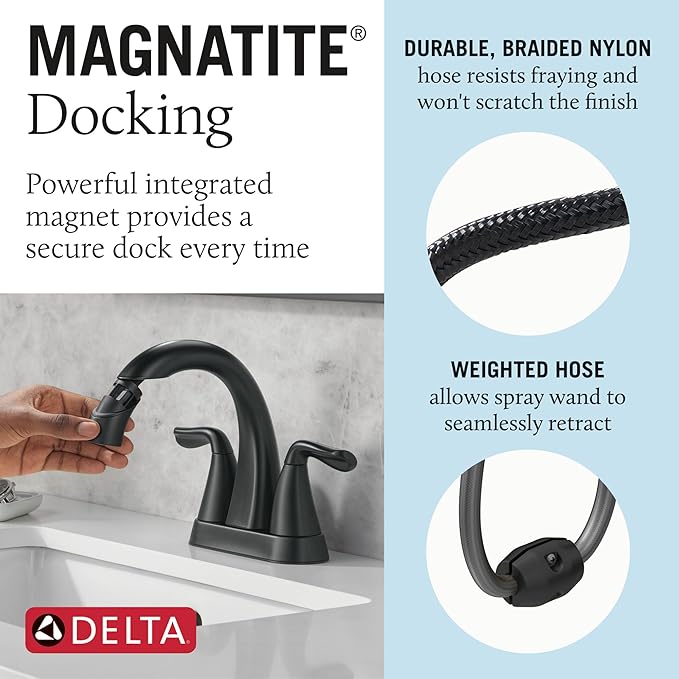 Delta Arvo Pull-Down Centerset Bathroom Faucet, Matte Black Bathroom Sink Faucet - Image 3