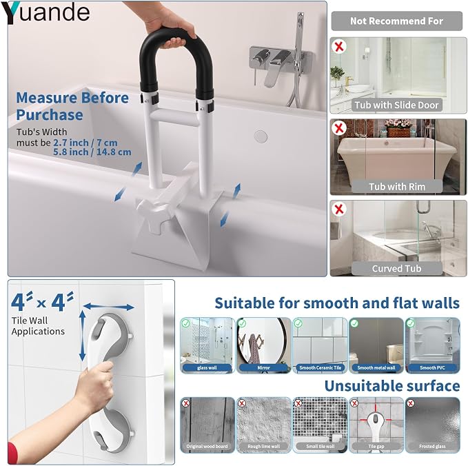 Bathtub Grab Bars with Suction Grab Bars, YuanDe 20x6 Inch Adjustable Bathtub - Image 7