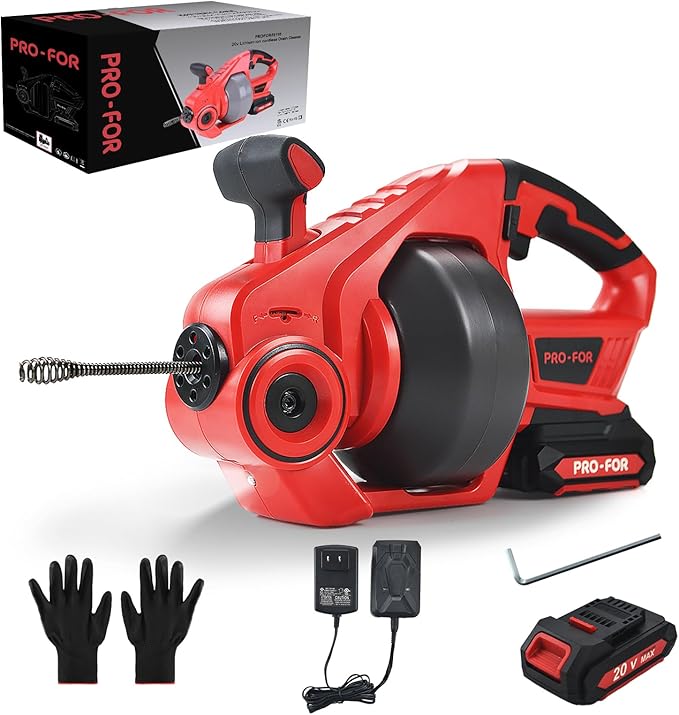 20V Cordless Electric Drain Auger, 25Ft Auto-Feed Drain Snake, Replaceable Cable by PRO-FORU