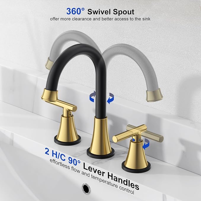 Bathroom Faucets for Sink 3 Hole, Hurran Black& Gold Bathroom Sink Faucet - Image 4