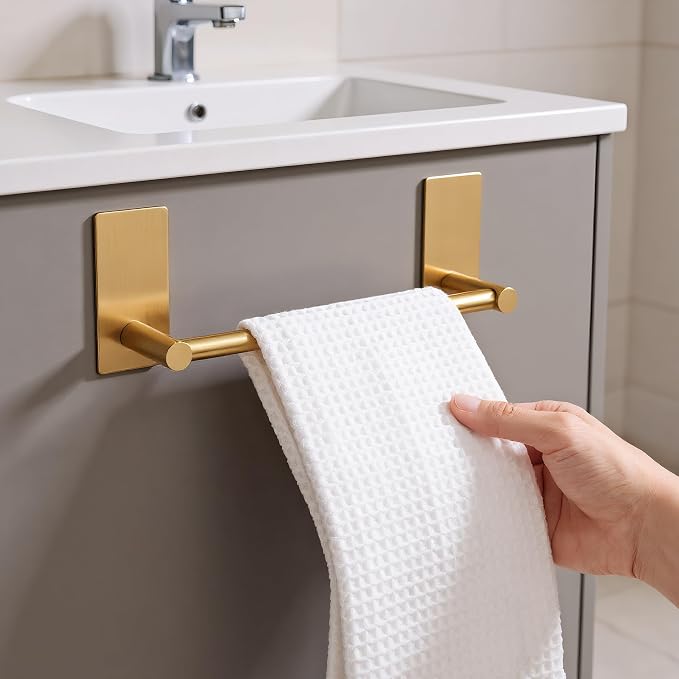 Songtec Gold Towel Bar 12-Inch, Adhesive Stick On Bath Towel Rack No Drill - Image 2