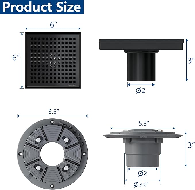 Neodrain 6 Inch Square Shower Drain, 304 Stainless Steel Bathroom Drainage - Image 3