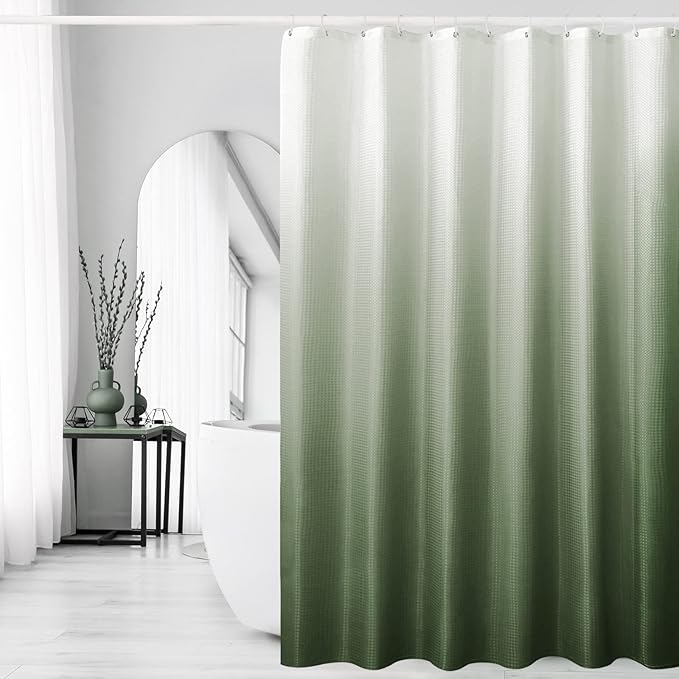 Gibelle Long Shower Curtain 72 x 78, Tall Sage Green Ombre, Waffle Weave Fabric by Gibelle