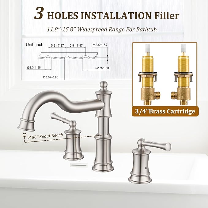 Roman Tub Faucet Classic Widespread Deck Mount Bathtub Faucet 3 Holes Brass - Image 2