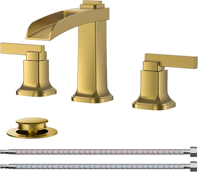 FORIOUS Brass Waterfall Brushed Gold Bathroom Faucets 3 Hole, Modern Widespread by FORIOUS