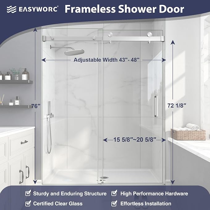Frameless Shower Door, 43-48" W x 76" H Sliding Glass Shower Door, 1/4''(6mm - Image 6