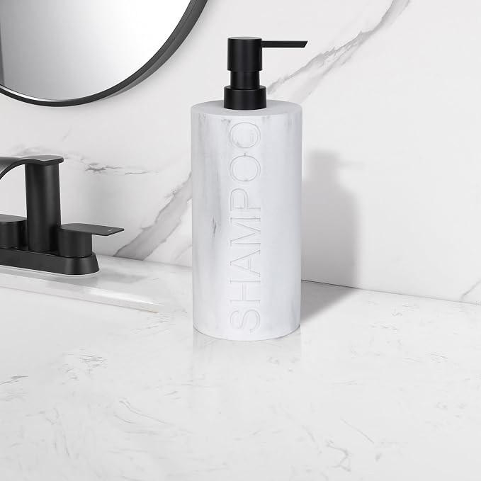 Resin White Marbled Shampoo Engraved Bottle Refillable Pump Dispenser, Durable - Image 8