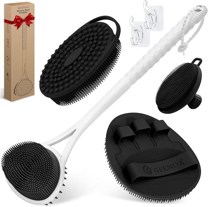 Silicone Back Body Face Scrubbers Set 4PCS, 15.35’’ Back Scrubber Soft Body by GEENOA