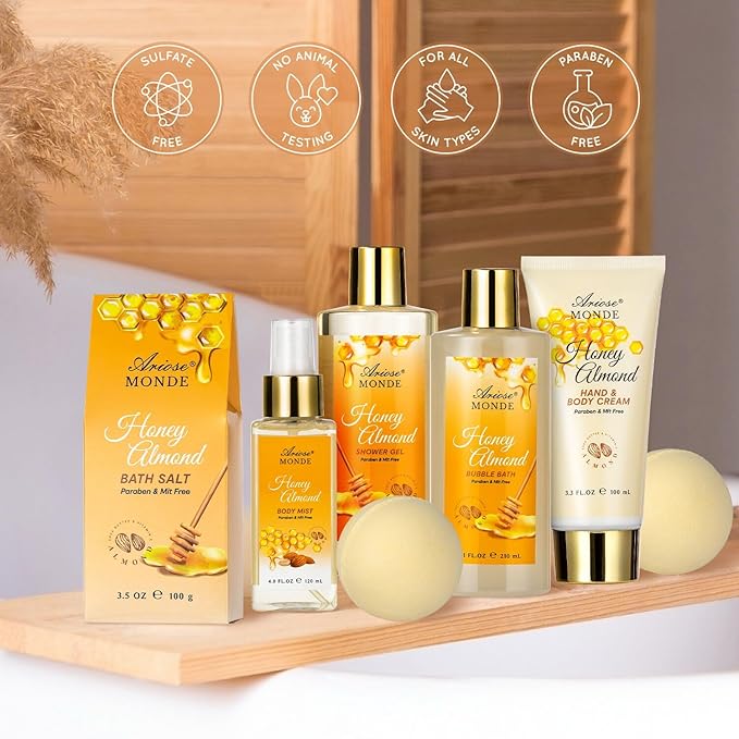 Bath & Body Gift Set, Luxury Home Spa Bath Gift Basket, Honey Almond Scented - Image 3
